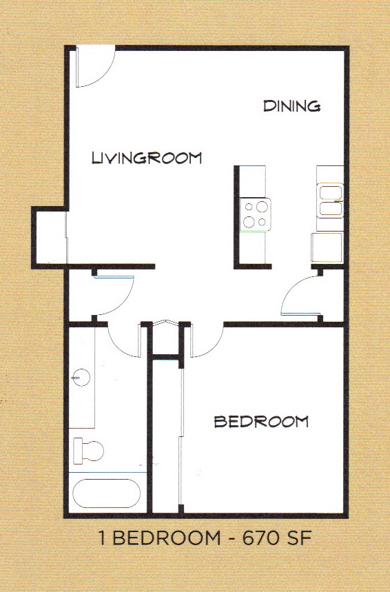 Floor plan for 1 bed, 1 bath, 670 sqft